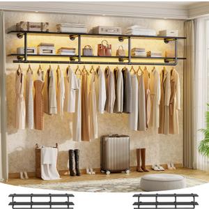 Aheaplus Industrial Pipe Clothes Rack with Top Shelf, 73In Space-Saving Wall Mounted Clothing Rack, 2 Tiers Heavy Duty Pipe Clothing Shelves with Hanging Rod for Laundry Room, Closet Storage, Black