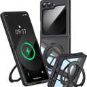 360Spin Magnetic Stand Case for Galaxy Z Flip 6/5 Fit for MagSafe & Pixelsnap Cover with Ring Holder No-Yellow Crystal Clear Camera Protection Phone Samsung Galaxy Z Flip 6/5 Case - Black