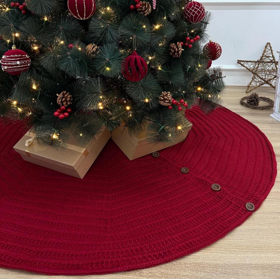 60-Inch Rib Knit Christmas Tree Skirt with Oak Buttons, Burgundy