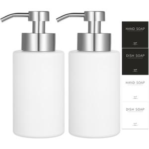 Foaming Soap Dispenser Set, 12 Oz Glass Hand Soap Dispenser with 304 Rust Proof Stainless Steel Pump, Waterproof Labels, for Bathroom Decor Kitchen College Dorm, White Silver Pump 2 Pack