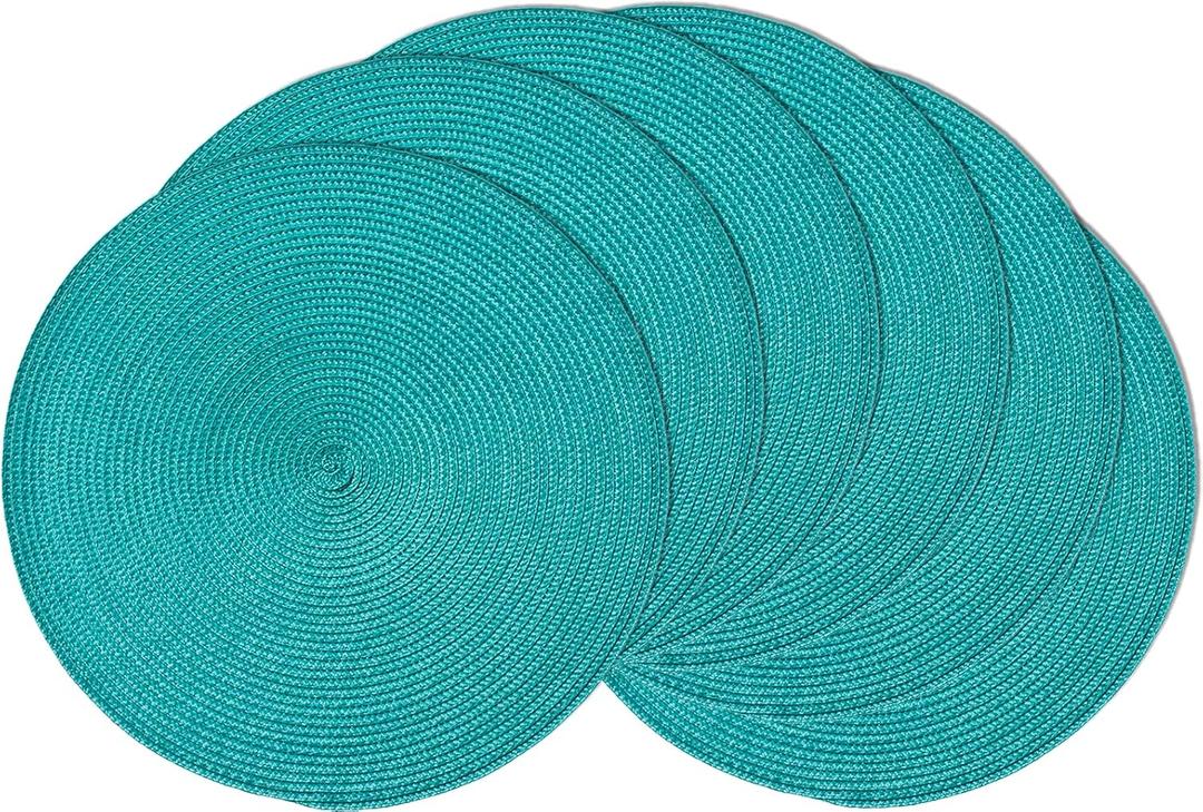 AHHFSMEI Round Braided Placemats 15 Inch Round Table Mats for Dining Tables Natural Woven Heat Resistant Place mats Set of 6 (Turquoise)