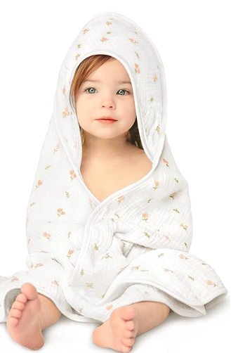 KeaBabies Muslin Baby Bath Towels with Hood for Girls, Boys Large Organic Cotton Hooded Baby Towels for Newborns,Toddlers,Infant,Kids,Soft Absorbent Newborn Bath Essentials Gift Set(Tulips, Petite)