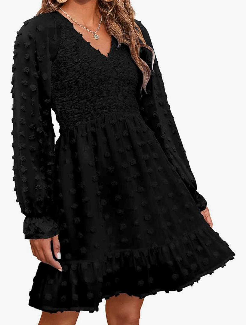 BTFBM Long Sleeve Fall Dresses for Women 2025 Casual V Neck Swiss Dot Smocked Ruffle Chiffon Summer Flowy Mini Dress, Size Small