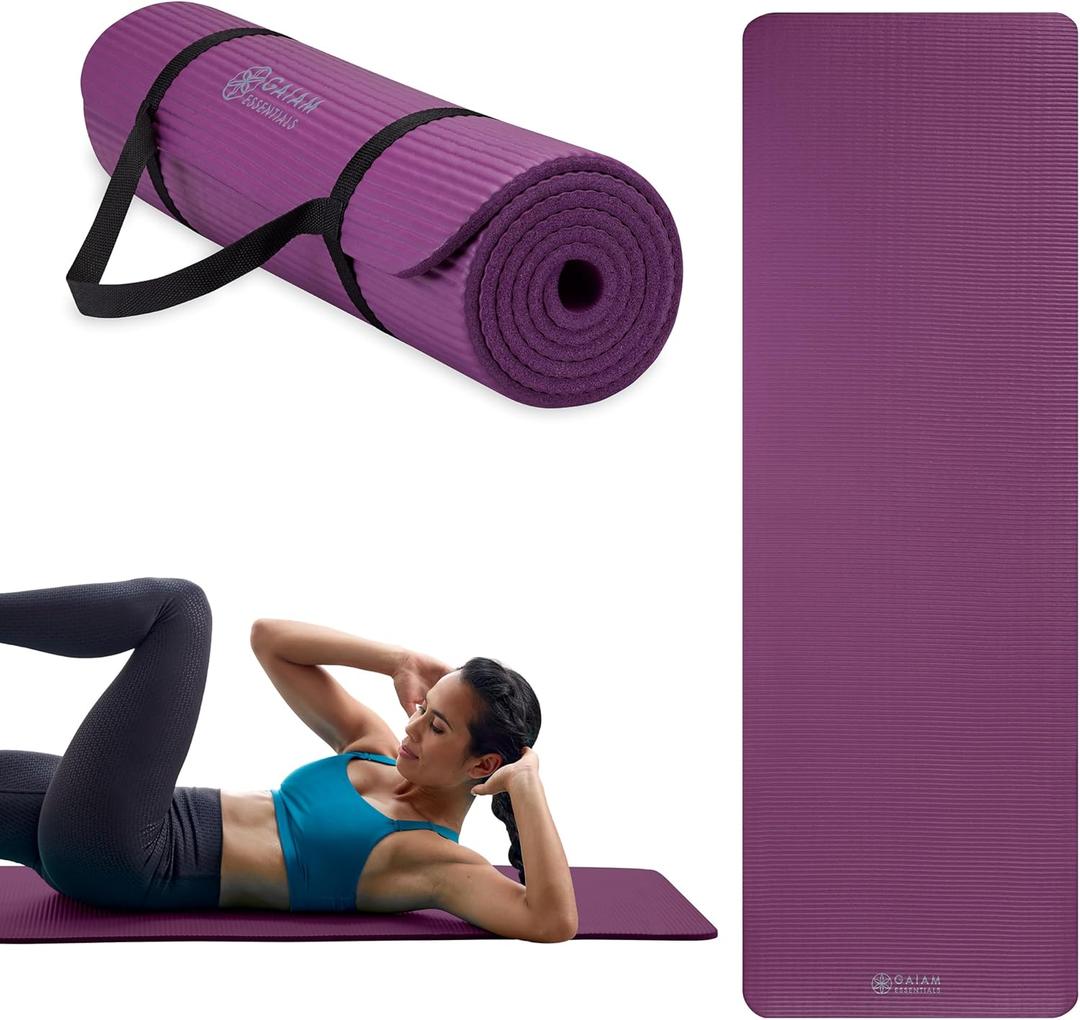 Gaiam Essentials 2/5" Thick (10mm) Yoga & Pilates, Fitness & Exercise Mat with Easy-Cinch Carrier Strap Cushion Support For Fitness and Gym Workouts (Purple)