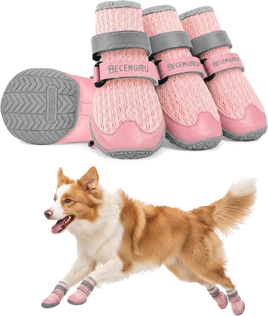 BECEMURU Dog Shoes for Summer, Double-Straps Anti-Slip Dog Boots & Paw Protectors for Hot Pavement, Breathable & Light Weight Outdoor Walking Hiking Pink, Size 8