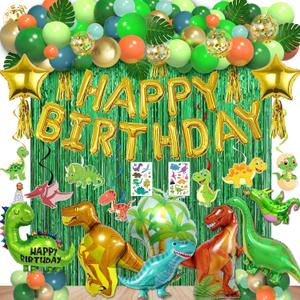 125pcs Dinosaur Birthday Party Decorations, Dinosaur Balloons Arch Garland Kit with Fringe Curtain, Balloons for Party Baby Shower Decorations for Boy Kids (Green and Gold)