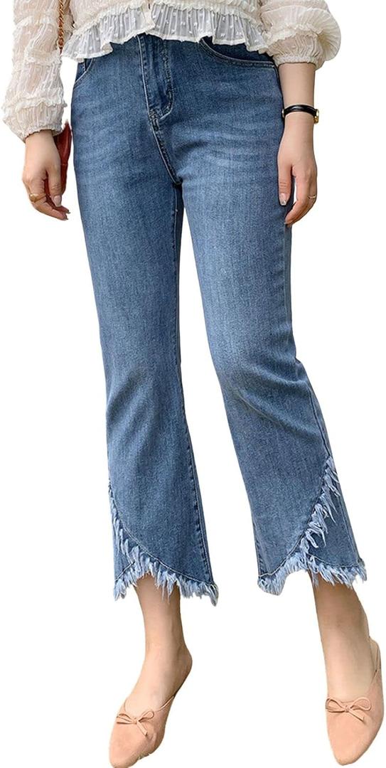CHARTOU Women Cute Stretch Denim Jeans Ripped Distressed Frayed Hem Denim Pants Tassel Fringe Cropped Jeans (Medium, Blue)