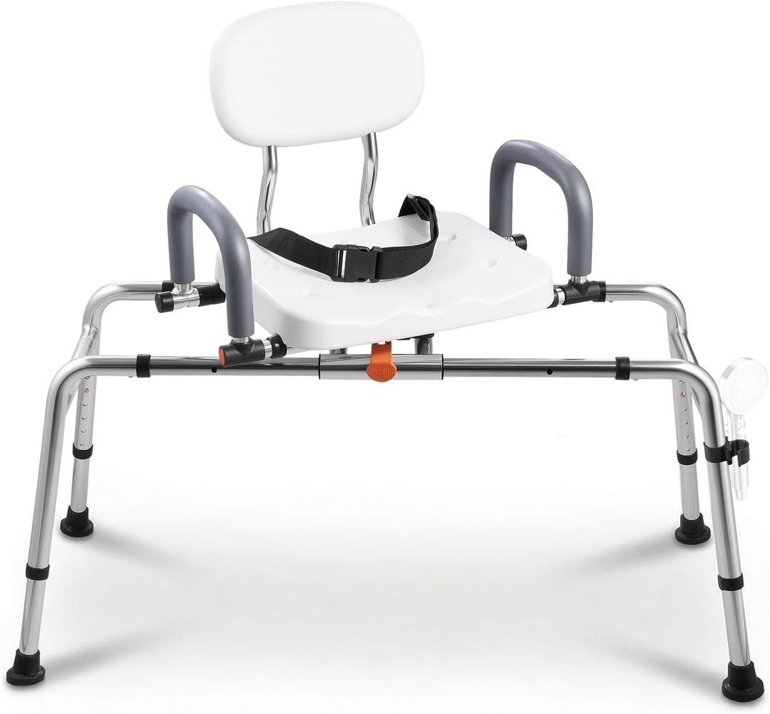 VEVOR Sliding Shower Chair, 400 lbs Tub Transfer Bench for Bathtub with Swivel Seat, Shower Bench with Pivoting Arms and Backrest, Height & Width Adjustable for Handicap, Seniors, Elderly and Disabled