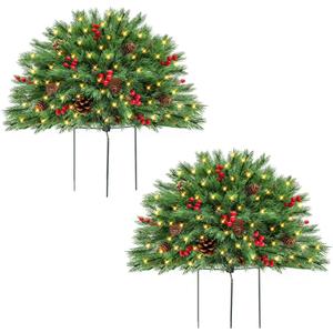 Outdoor Christmas Tree Urn Filler 2 Set, Pre-lit Artificial Flocked Xmas Tree with Cones & Red Berries, Small Christmas Tree with 70 Warm Lights (Green)