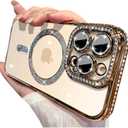 Magnetic Glitter Diamond for iPhone 15 Pro Max Case[Compatible with MagSafe] Sparkle Rhinestone Camera Lens Protector Plated,Crtstal Clear Slim Military Drop Shockproof Cover for Women,Gold