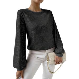 SweatyRocks Women's Sequin Long Sleeve Blouse Casual Round Neck Pullover Shirt Tops (Black) S