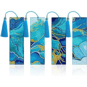 4 Pieces Marble Diamond Art Bookmarks with Tassel - 5D Rhinestone Beaded Pu Leather Blue Art Gem Bookmarks for DIY Making (Blue)