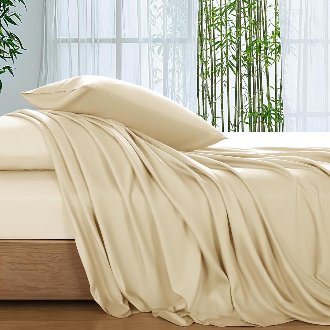 SONORO KATE 100% Viscose Derived from Bamboo_Sheets Queen Size, Ultra Breathable & Cooling Bed Sheets for Hot Sleepers, Hotel Luxury Silky Bedding Sheets, 16" Deep Pocket - 4PC (Beige,Queen)