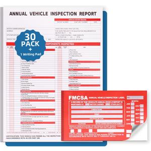 30-Pack Annual Vehicle Inspection Report Form, 3-Ply Carbonless Form and Hardboard, Includes 30-Pk Red FMCSA DOT Permanent Aluminum Adhesive Stickers, DOT Compliant