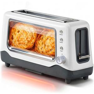 Dash Clear View Toaster | 10" Long Slot 2 Slice Toaster with See-Through Glass Window, 7 Browning Levels, Bagel, Defrost & Reheat Functions, Removable Glass Panel, Crumb Tray, White