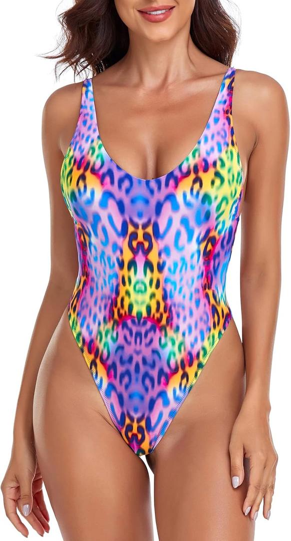 Women's Thong One Piece Swimsuit Sexy High Cut Bathing Suits (Medium, Purple Leopard)