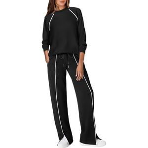 WIHOLL Lounge Sets for Women 2 Piece Fall Outfits 2025 Wide Leg Pant Matching Sets Womens Clothing (Black, L)