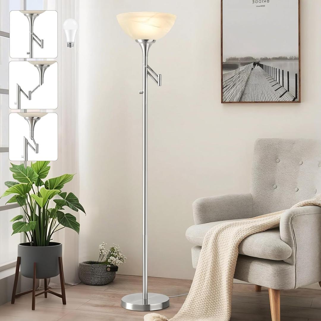Floor Lamps for Living Room Silver, 70" Tall Standing Lamp with Glass Shade, Bedroom Floor Lamp with 350Adjustable Swing Arm Lamp, Pole lamp for Bedroom, Living Room, Office, Bulbs Included