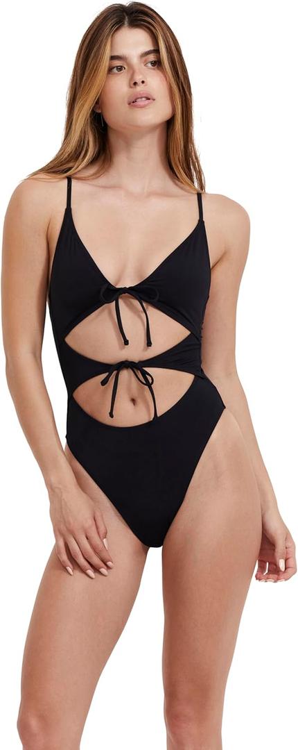 Womens Black Double Cut Out One-Piece Elegant Swimsuit with U Back and Removable Soft Cups Swim Essential (Medium, Black)
