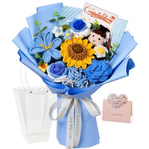 Crochet Graduation Flower Bouquet, Sunflower Rose Tulip, Blue