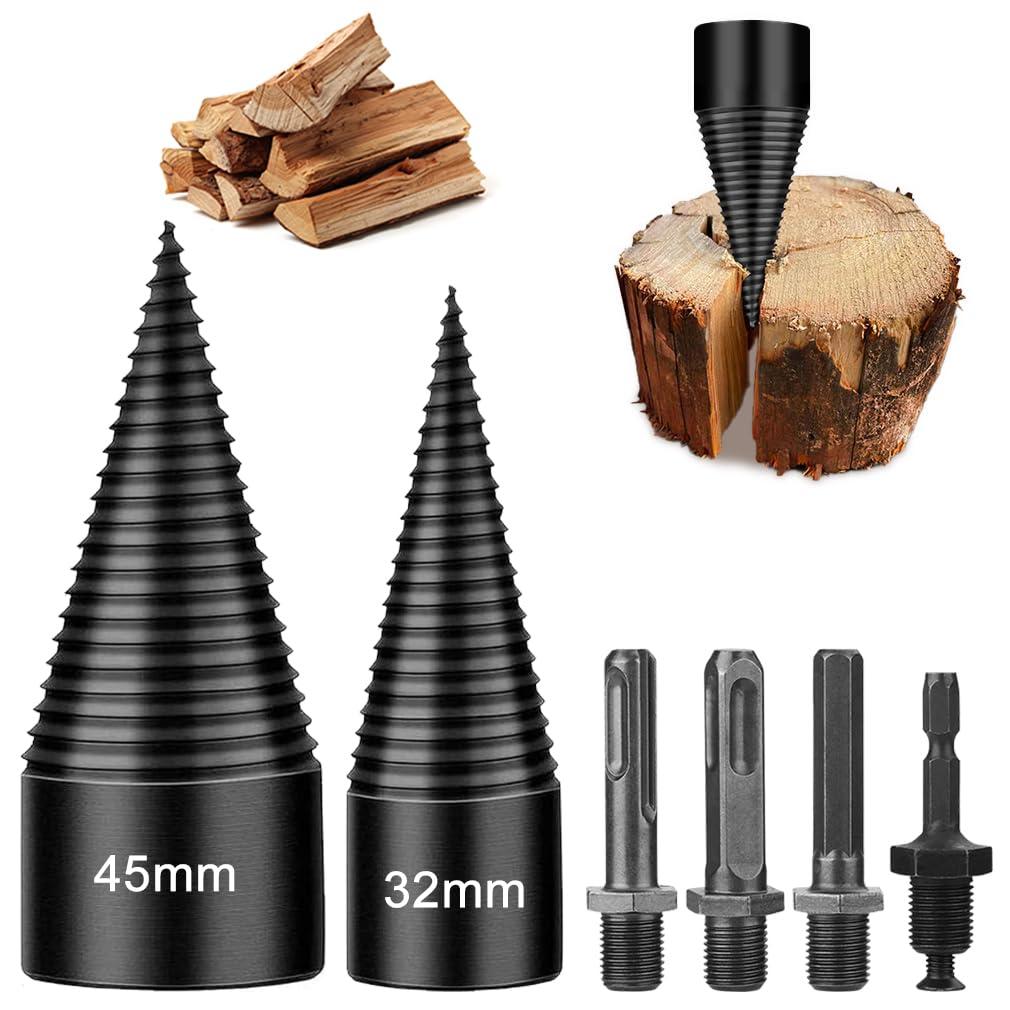 6 Pcs Wood Splitter Drill Bits, 45mm+32mm Firewood Log Splitter Kindling Detachable Design, Heavy Duty Electric Drills Screw Cone Driver Removable, Wood Splitting Wedge Tools