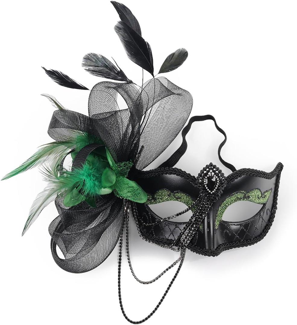 2 x elegant black feather masquerade ball mask for women and men - perfect couple accessory for masquerade Halloween (Green)
