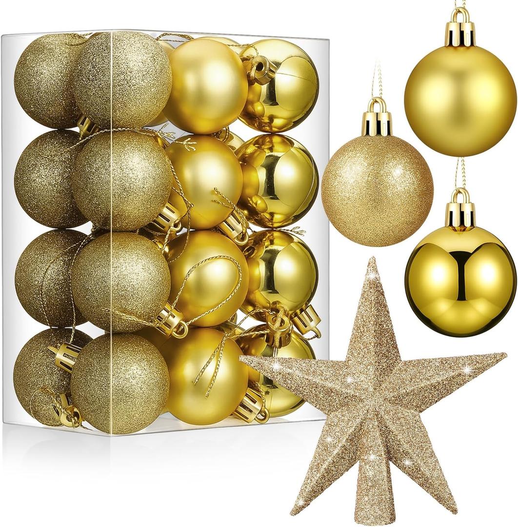 25 Pcs Mini Christmas Balls Ornaments Set 1.57 Inch Christmas Day Ball Topper Star Tree Hanging Ornaments for Party Decoration(Gold)