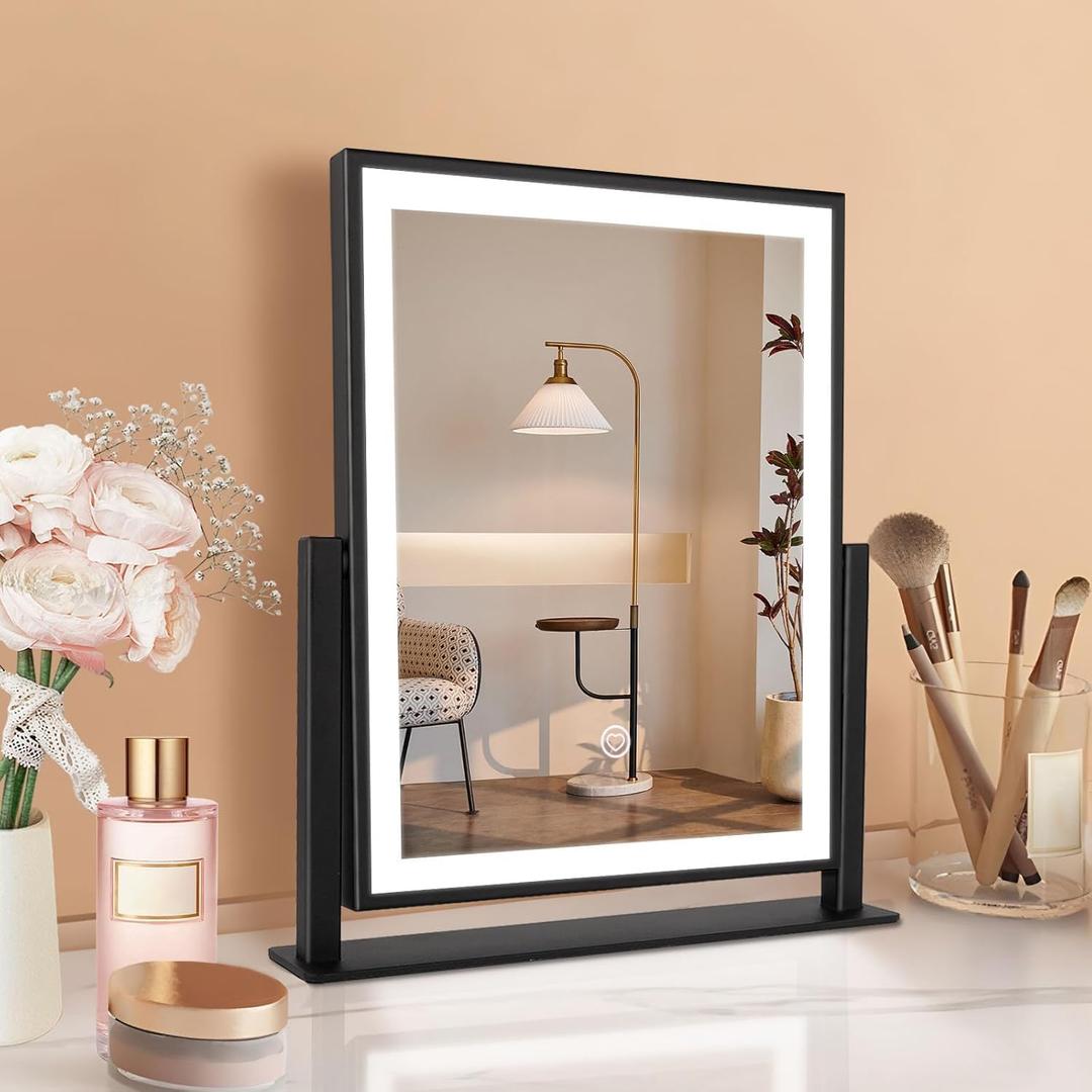 Makeup Mirror with Lights, Fashion Lighted Vanity Mirror with Dimmable Light, Smart Control, Adjustable Warm White/Natural/Daylight, Birthday Wedding Present, 360Rotation (Black, 12 inch)