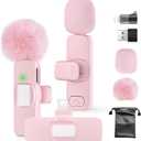 Mini Wireless Lavalier Microphone for iPhone 16/15/14/Android, Lapel Mic with Noise Reduction, 12H, 65ft, Pink Tiny Microphone Content Creator Interview for Vlog YouTube TikTok Recording (Pink)