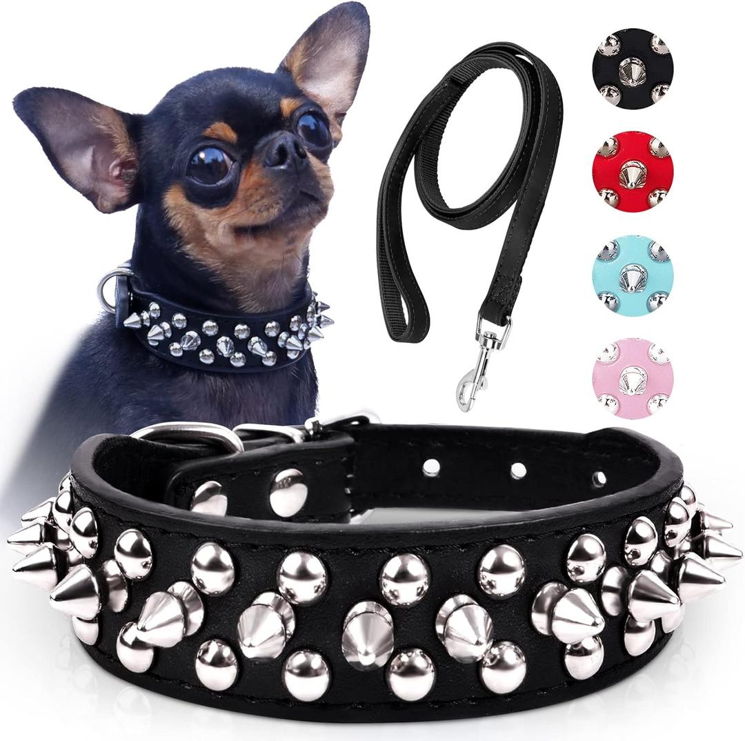Spiked Dog Collar, Spike Collar for Dogs, Durable PU Leather Studded Dog Collar with Leash, Epesiri Funny Mushrooms Rivet Small Puppy Dog Collars, Pet Cat Adjustable Collar, Best Gift, Black XSmall