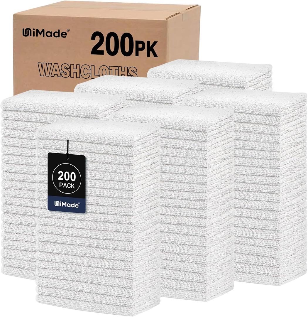 Washcloths Bulk - 200 Pack - Face Towels (12" x 12"), Highly Soft Wash Cloths and Hand Towels, Fast Drying Multi-Purpose Microfiber Cleansing Cloths for Bathroom, Hotel, Spa, and Salon - White