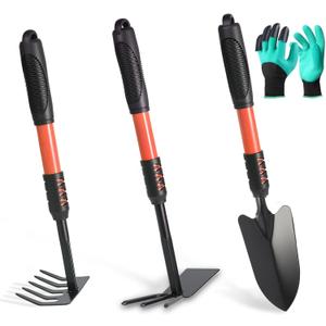 Garden Tool Set, 4 Pack Gardening Tools, Stainless Steel Heavy Duty Hand Cultivator, Hoes, Shovel, for Planting Weeding Digging, Gardening Gifts for Women,Orange