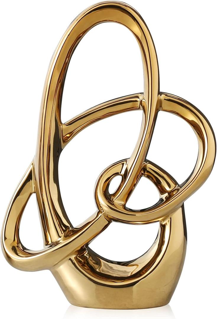 Modern Gold Knots Decor Ceramic Statue - Abstract Home Accent & Tabletop Figurine for Living Room, Bedroom, Bathroom, Office, Shelf, Mantel - Wedding, Coffee Table, Dining Room Centerpiece Decoration, Large