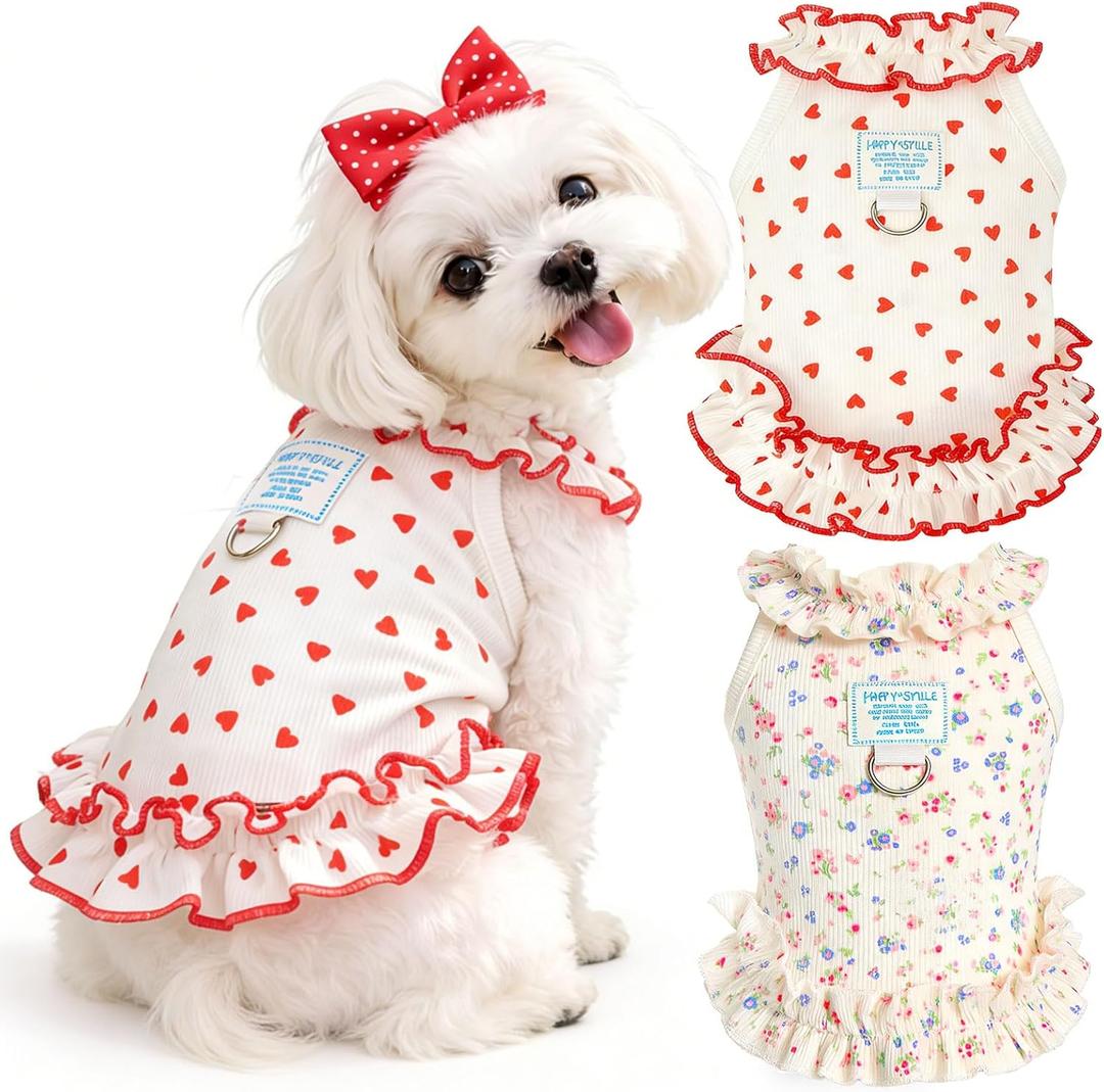 2 Pack Dog Cat Dresses for Small Dogs Girl Cute Heart & Floral Print Ruffle Sleeve Hem Breathable Stretchy Pet Puppy Cat Summer Clothes Outfits for Chihuahua Yorkie Teacup Extra Small Tiny Dogs, Size: Medium