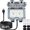 Outdoor Power Outlet Box with 16.4Ft Extension Cord, NEMA 5-15R, STW 14 AWG, Weatherproof Waterproof IP66 Electrical Outlet Extender, Exterior Wall Power Socket w/Cover for Garden
