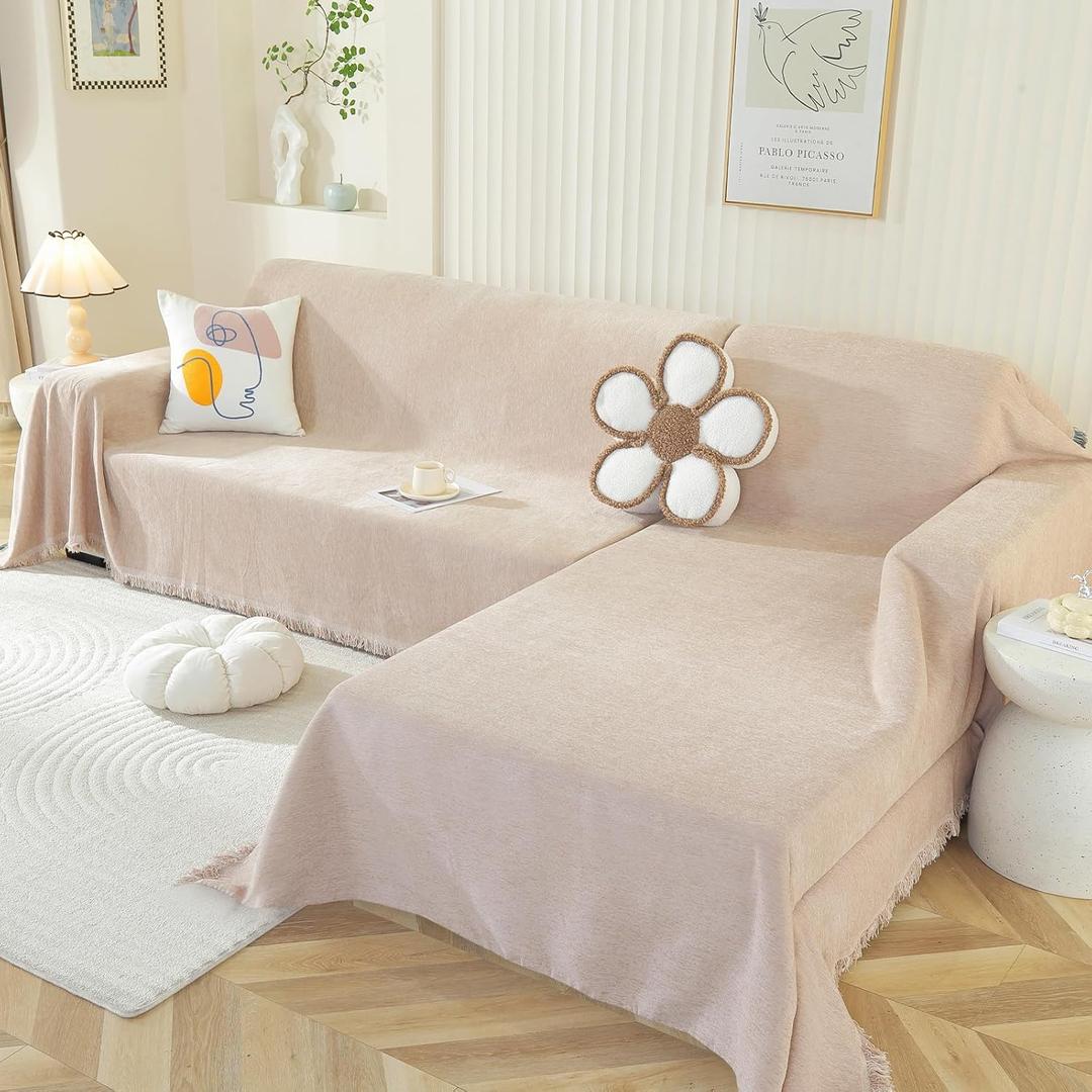 OstepDecor Sectional Couch Covers 2 Pieces, L Shaped Sofa Cover, Chenille Couch Cover for Dogs Washable, Couch Cover Blanket, Sofa Slipcover for 2-3 Cushion Couch (71"x118"+91"x134", Khaki)