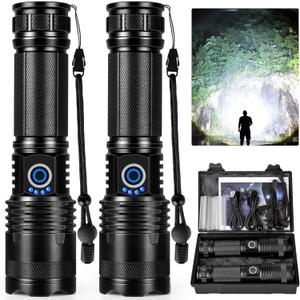 Rechargeable LED Flashlights High Lumens, 90,000 Lumens Super Bright Flashlights with 5 Modes, Waterproof Powerful Flash Light Multifunctional Flashlights for Home Camping Hiking(2 Pack) (Black)