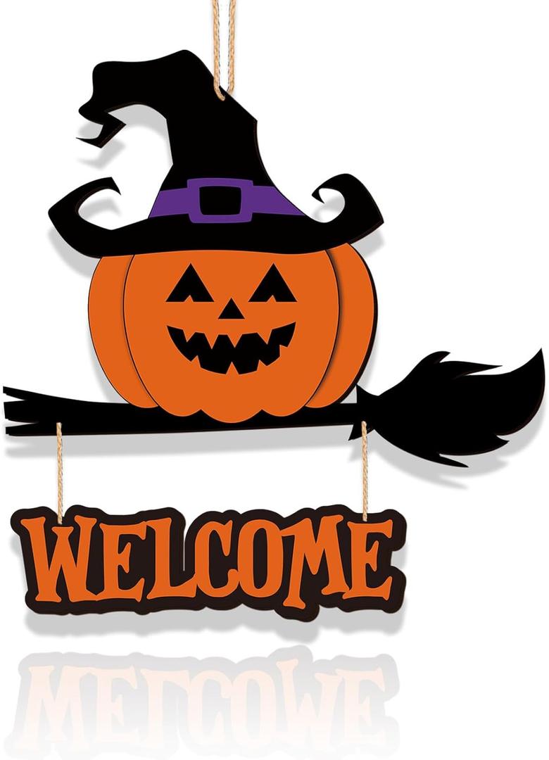 Happy Halloween Door Sign,Trick Or Treat Welcome Halloween Sign Hanging Pumpkin wooden sign Decor for Front Door Wall, Halloween Decorations Door Hanging