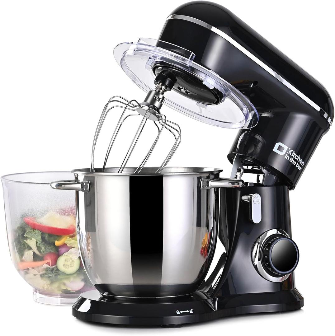 Kitchen in the box Stand Mixer, 5QT Two bowls Electric Food Mixer, 10 Speeds 3-IN-1 Kitchen Mixer for Daily Use with Egg Whisk,Dough Hook,Flat Beater (Black, 5QT)