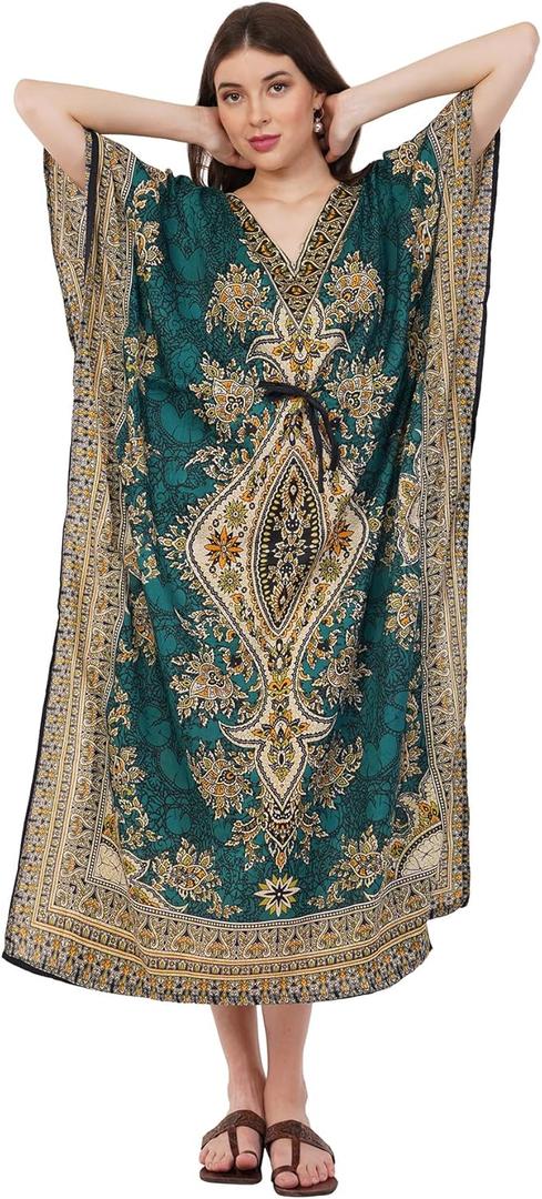 Divine threads -- Women's Kaftan Floral Print/Beach Cover Up/Plus Size V-Neck Loose Kimono Maxi Dress (Green), Size: Plus