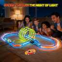 Glow Slot Car Race Track Set, 71 Pcs Glow-in-The-Dark Track Toy for Kids Ages 3-8, Electric Speed Car Light-Up Whole Tracks, 360 Magic Triple Loops, 1:64 Scale Pull-Back Cars, Toy Gift for Boys Girls