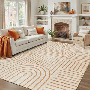 DCX Beige Machine Washable Area Rug 9x12, Midcentury Modern Non Slip Stain Resistant Rug 9x12 for Living Room, Playroom, Dining Room, Soft Low Pile Large Carpet (Orange)