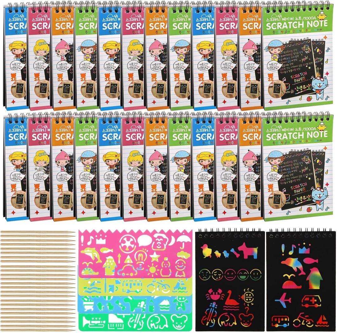 Suwimut 24 Pack Scratch Paper Art for Kids, Magic Rainbow Scratch Off Notebook Black Coloring Books with 24 Wooden Stylus & 4 Drawing Stencils for Age 3-12 Boys Girls Party Favor Birthday Gift