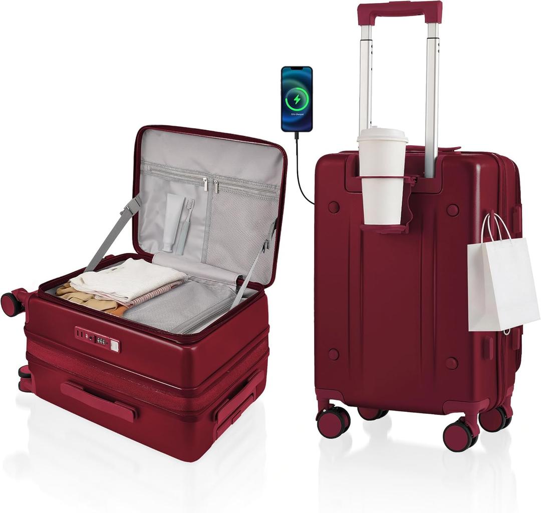 Expandable 20Inch Carry On Luggage Airline Approved - Top Opening Hardside Travel Suitcase Unbreakable -with Cup Holder,USB Charge,Side Pothook, 360Spinner Wheels, TSA Lock-Wine Red