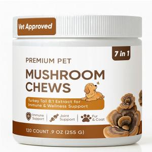 Premium Pet Mushroom Chews - Turkey Tail Mushroom for Dogs, with Reishi, Lions Mane, Chaga, Turmeric - Immunity, Gut, Skin, Joint & Spine Support - for All Breeds & Sizes (120 Chews) (1)
