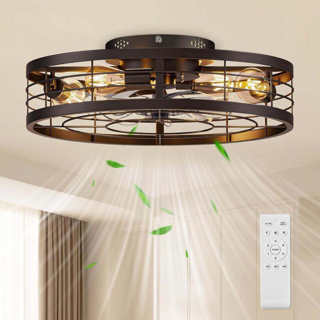 VOLISUN Caged Ceiling Fan with Light and Remote,19.7 inch Fandelier Ceiling Fan with Light Flush Mount, Farmhouse Bladeless Ceiling Fans with Lights for Kitchen,Bedroom