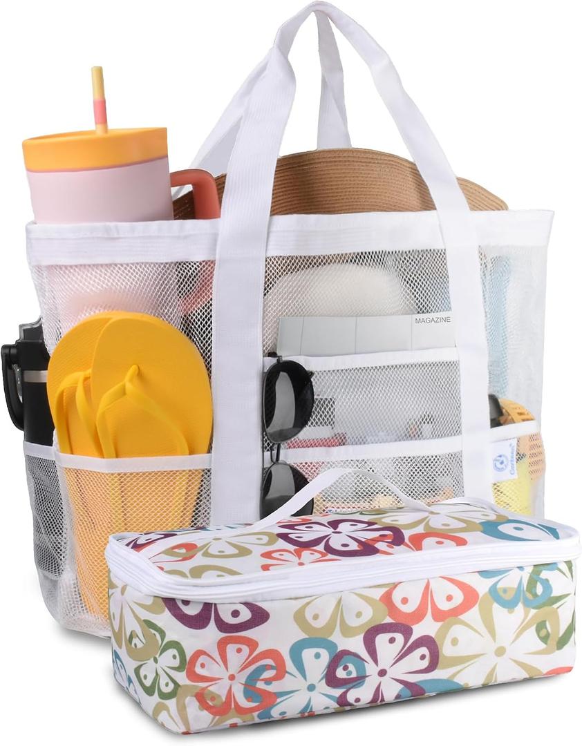 Genteen Beach Bag for Women, Mesh Tote Bags with Zipper, Sandproof Vacation Essentials with Cooler for Swim Cruise Pool