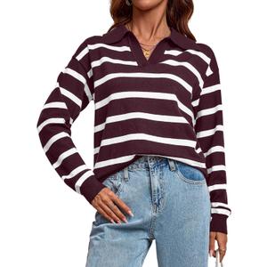 TAKEYAL Women's Striped Long Sleeve Knit Tops Polo V Neck Knitted Pullover Casual Sweater Tops 2024 S-2XL Wine Red, Small