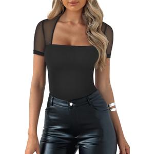 REORIA Women's Sexy Square Neck Short Sleeve Mesh Double Lined Slimming 2025 Trendy Going Out Bodysuits Tops Black X-Large