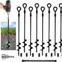 MIXXIDEA18 Inch Ground Anchors Screw in Folding Ring Spiral Metal Ground Stakes Dog Tie Out Stake Spiraling Anchor Trampoline Anchors for Tent (black-8pk)